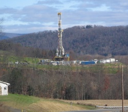 Tower for drilling horizontally into the Marcellus Shale Formation for natural gas, from Pennsylvania Route 118 in eastern Moreland Township