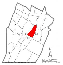 Map of Bedford County, Pennsylvania highlighting Snake Spring Township