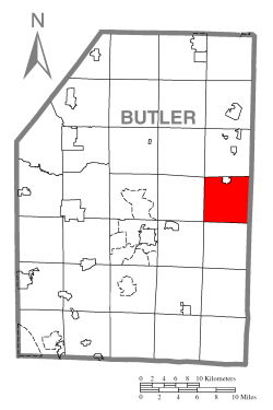 Map of Butler County, Pennsylvania highlighting Donegal Township