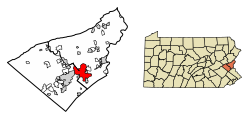 Location of Bethlehem in Lehigh and Northampton Counties, Pennsylvania.