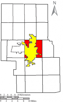 Location of Madison Township (red) in Richland County, next to the city of Mansfield (yellow).