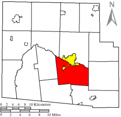 Location of Buck Township (red), next to the city of Kenton (yellow)