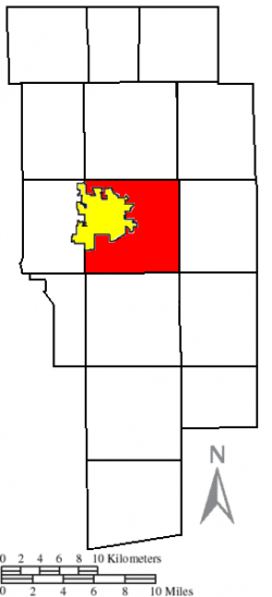 Location of Montgomery Township (red) adjacent to the city of Ashland (yellow) in Ashland County
