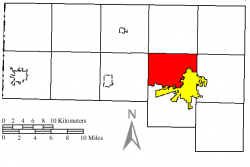 Location of Noble Township (red) in Defiance County, adjacent to the city of Defiance (yellow)
