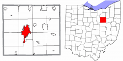 Location of Wooster in Wayne County and state of Ohio