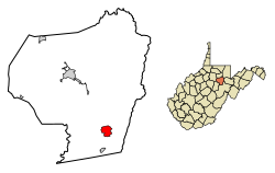 Location of Belington in Barbour County, West Virginia.